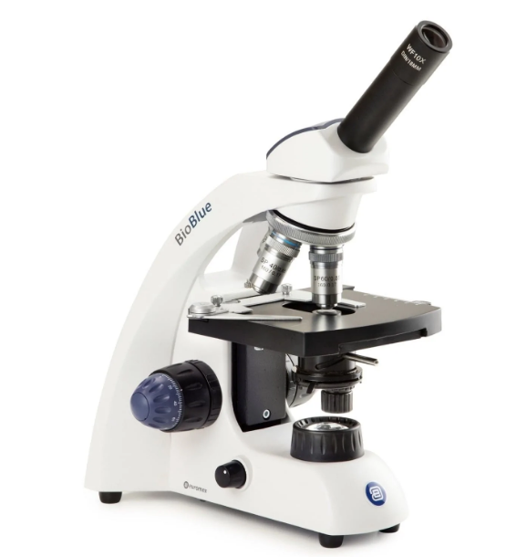 Microscopio compuesto portátil monocular BioBlue con objetivo accionado por resorte y platina mecánica XY BB4240